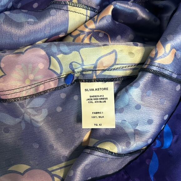 NWT Silvia Astore Jade Blue Floral Silk Midi Dress Size 42 |‎ Medium Long Sleeve - Picture 11 of 16